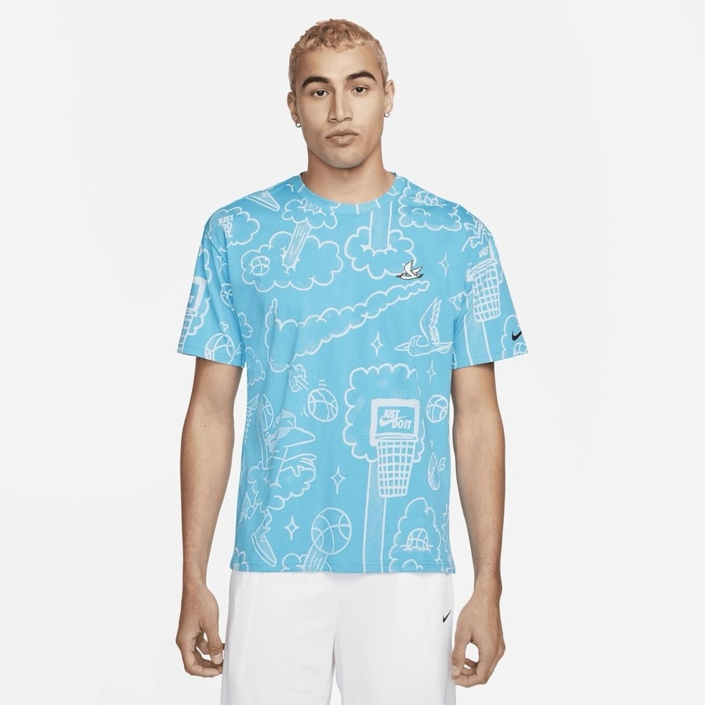 Nike T-Shirt Men XL Blue All Over Print Basketball Doodle Graphic Embroidered